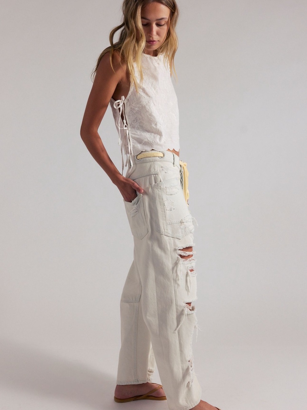 Free People Cream Distressed Boyfriend Moxie Jeans - Picture 2 of 8